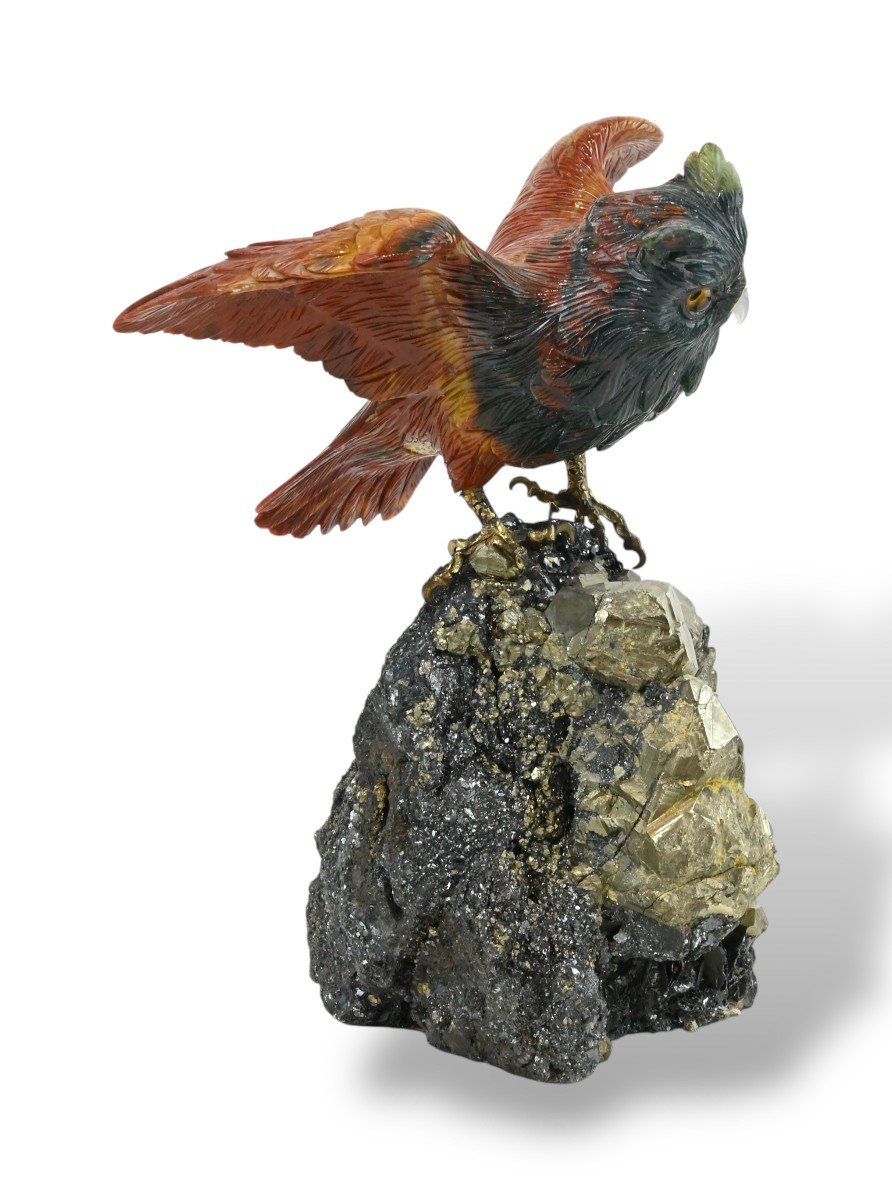 Erwin Klein - Owl In Hard Stone And Semi-precious Stones - Switzerland 1980s-photo-1